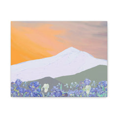 Sunset Mountain with Blue Wildflowers Matte Canvas Wall Art
