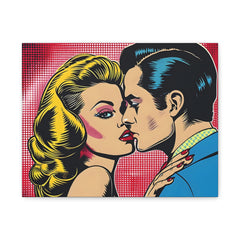 Pop Art Kiss Matte Canvas Print — Retro Romantic Wall Art