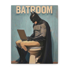 Bathroom Canvas Wall Art – Humorous Superhero on Toilet Matte Stretched Print