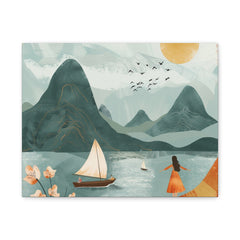 Serene Mountain Lake Canvas Art – Sailboat & Woman Wall Decor